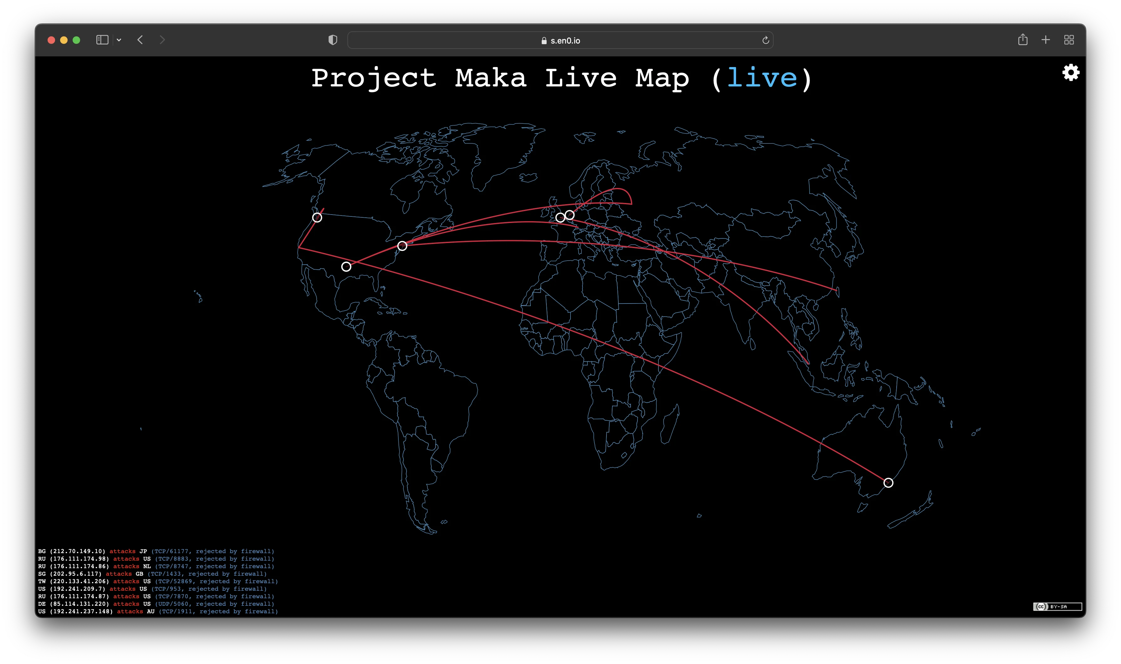 A screenshot of Safari running on macOS. In the browser, there is a page titled "Project Maka Attack Map (live)". Below it, there is a light blue outline of the world map. There are red lines travelling between points on the map, terminating in white circles at their destinations.