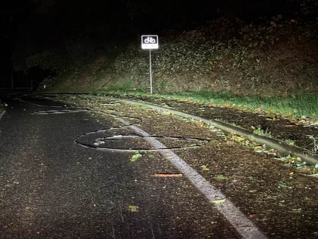 A photo of downed power lines on a road.